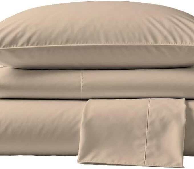 Full Size Thermoregulating Bed Sheet Set, 4 Piece Bedding, 600 Thread Count, Breathable & Cooling Sheets, Sateen, 100% Peruvian Pima Cotton, Latte