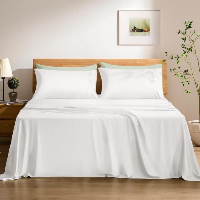 Luxury Sheet Set - 100% Viscose from Bamboo, 4-Piece Bedding Set (King Size) - 18” Extra Deep Pockets,  Certified, Silky Soft, Cooling and Breathable Classic White