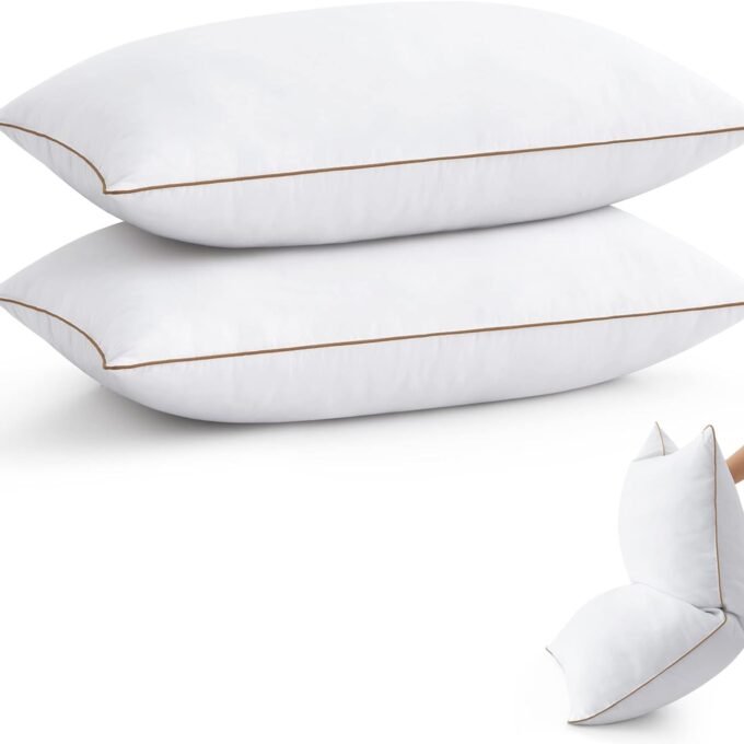 Feather Down Pillows Standard Size Set of 2, Soft Fluffy Luxury Hotel Collection Pillow, 100% Cotton Cover, Medium Firm Bed Pillow for Back, Stomach or Side Sleeper.