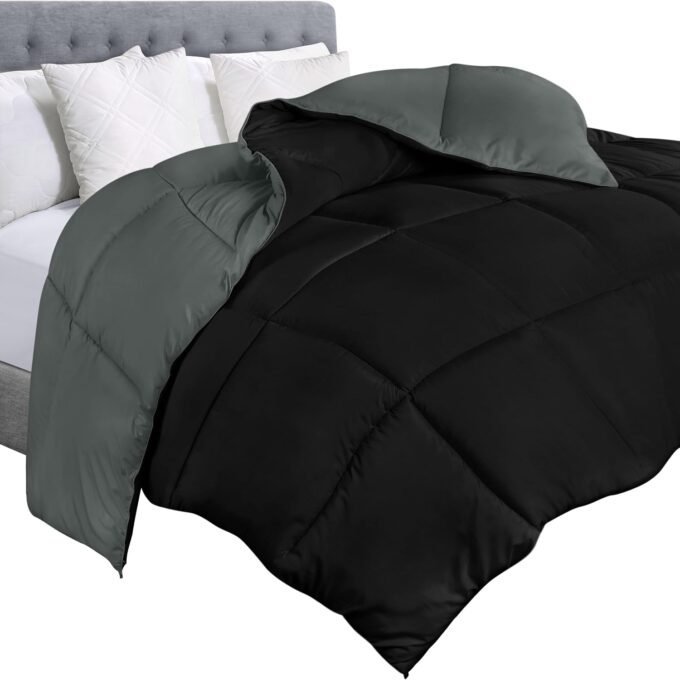 Comforter Duvet Insert, Quilted Comforter with Corner Tabs, Box Stitched Down s King Size (Black/Grey)