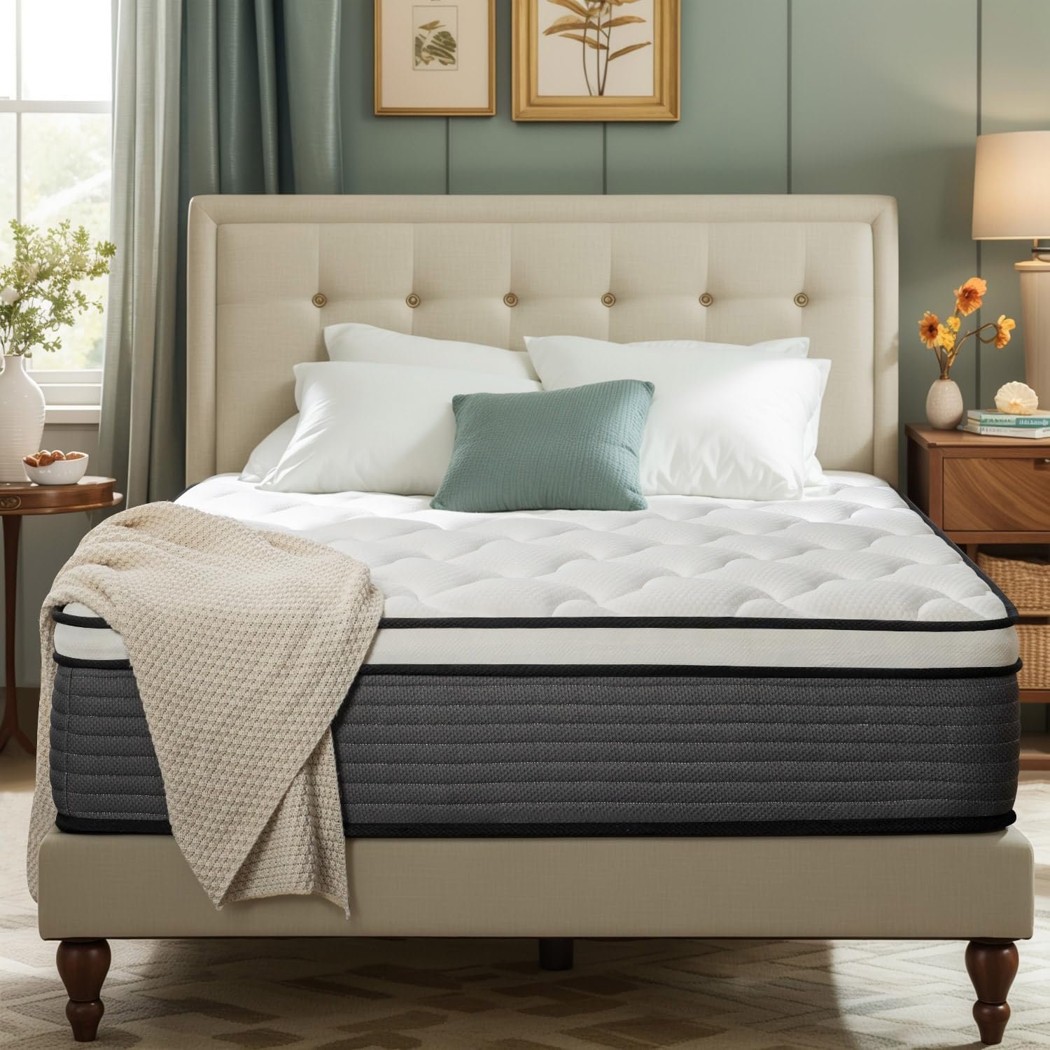 Queen Mattress, 12 Inch Pillow Top Hybrid Mattress in a Box Medium Firm Fiberglass-Free, Soft Breathable Pressure Relief Memory Foam Pocket Innerspring Bed, Certified
