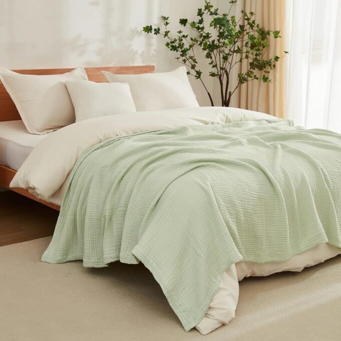 Cotton Queen Size Bed Blanket, Soft Muslin, 80"x90", Lightweight, Breathable, All Season, Mint Green