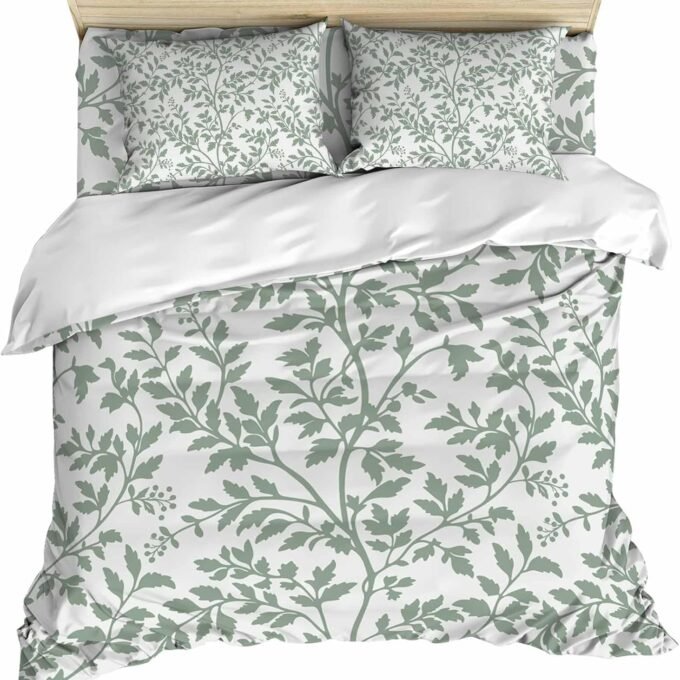 Green Botanical Comforter Cover , Vintage Leaf Pastoral Rustic 4 Piece Bedding Set with Zipper Closure All Season Duvet Cover for Child Girls Boys, Breathable, Soft