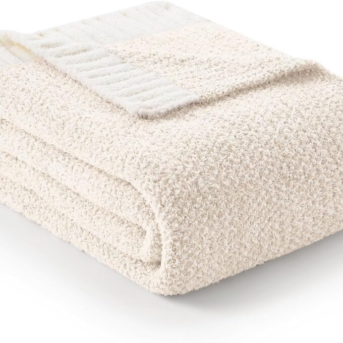 Buttery Ivory Throw Blanket for Couch, Reversible Super Soft Knitted Blankets, Warm Cozy Knit Fuzzy Plush Lightweight Throws Dupes for Sofa, Bed, Picnic, Ivory, 50 x 60 inches
