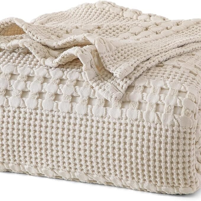 100% Cotton Waffle Weave Blanket King Size, Soft Lightweight Breathable Cozy Blankets for Bed, Luxury Aesthetic Woven Bedding for Home Decor, 108"x90", Oatmeal