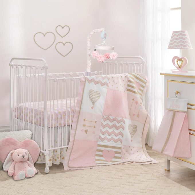 Pink/Gold Girl Heart 4 Piece Crib Bedding Set