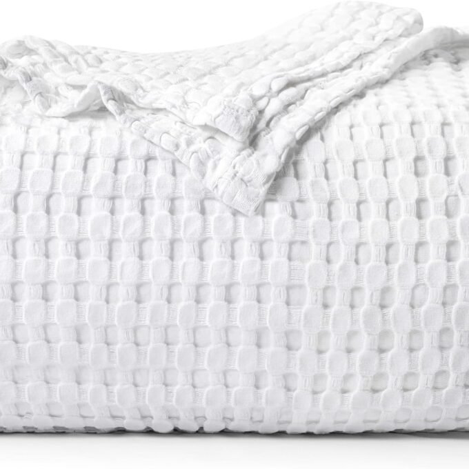 White 100% Cotton Waffle Blanket 300 GSM [Queen - 90x90 Inch] Soft Lightweight Breathable Bed Blanket for All Season